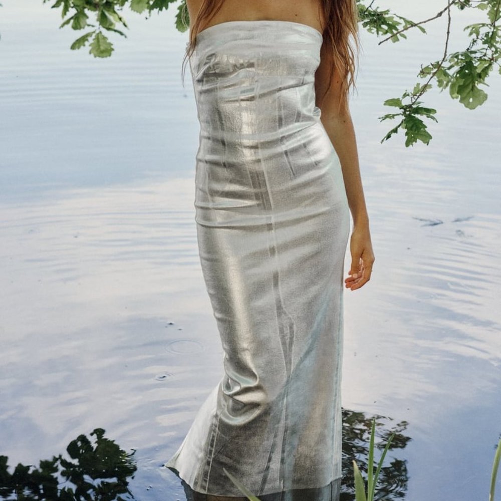 NWT Zara Silver Strapless Midi Dress - Picture 8 of 14